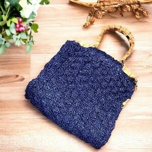 Bamboo and Royal Blue Straw Top Handle Summer Bag